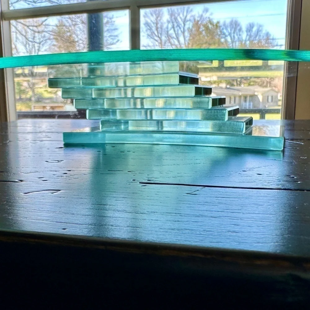 PARTYLITE, RETIRED, 3-WICK GLASS CANDLE HOLDER WITH GLASS STEP PEDESTAL.